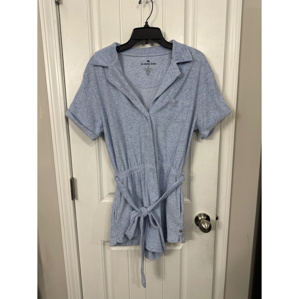 The Normal Brand Womens Terry Cloth Romper Light Blue Short Sleeve Belted Medium